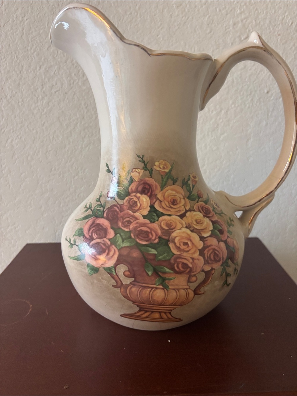 Floral Ceramic Pitcher with Yellow & Pink Roses